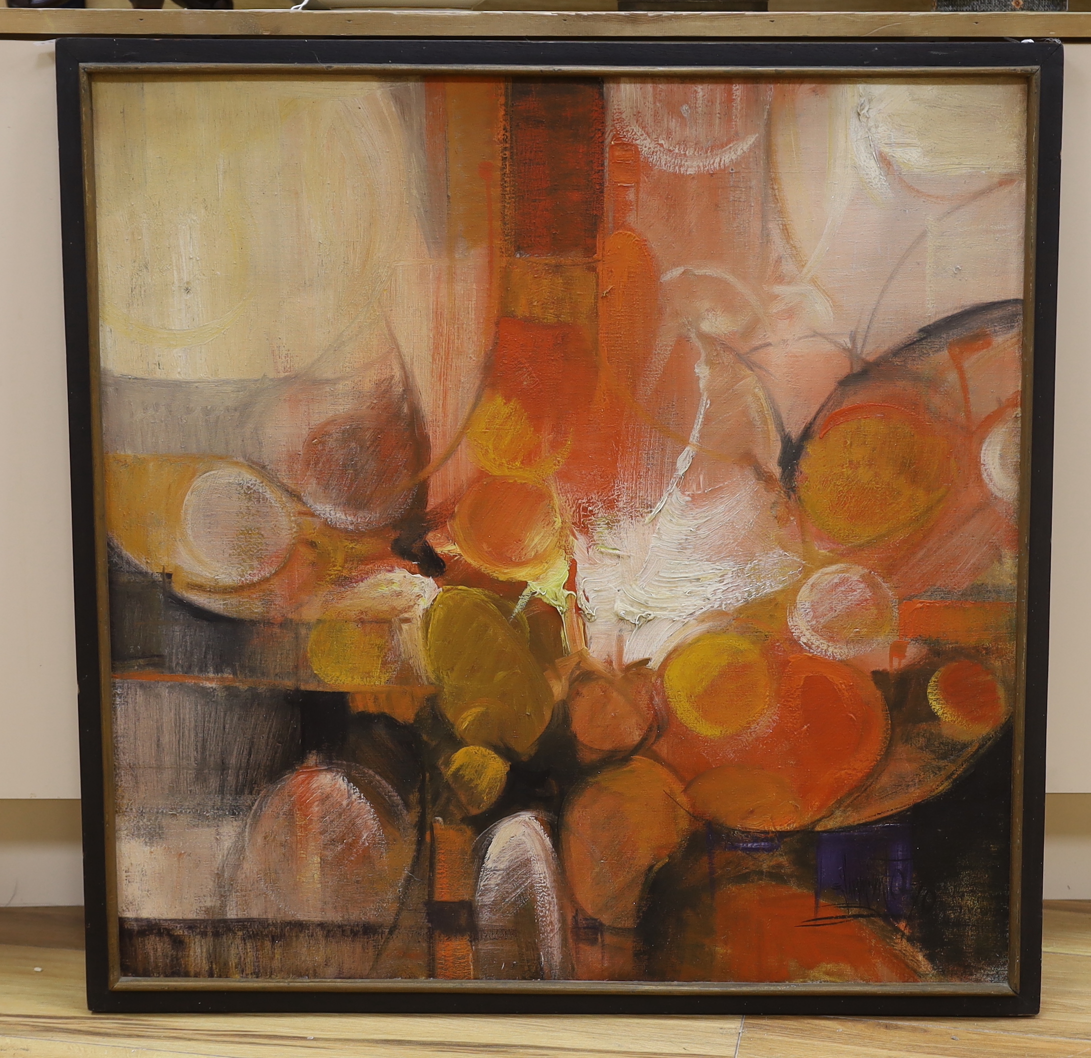 Contemporary impasto oil on canvas, Abstract composition in orange, indistinctly signed and dated 1970, 75 x 75cm
